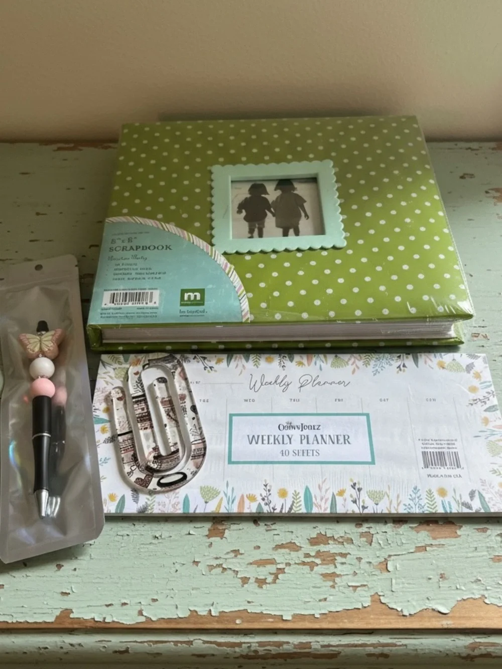 Scrapbook Bundle- Polka Dot Green Photo Scrapbook Album with Weekly Planner &Pen